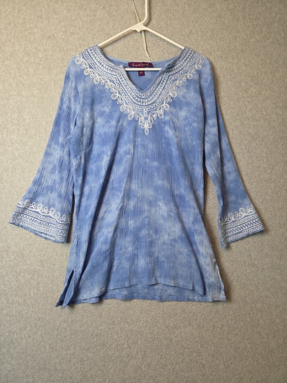 Gloria Vanderbilt 100% Cotton Blue Tie Dye Embroidered 3/4 Sleeve Tunic Womens L